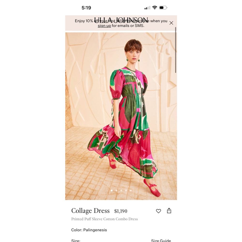 Ulla Johnson Pink and Green Collage Puff Sleeve Dress Size 8 - Picture 3 of 14